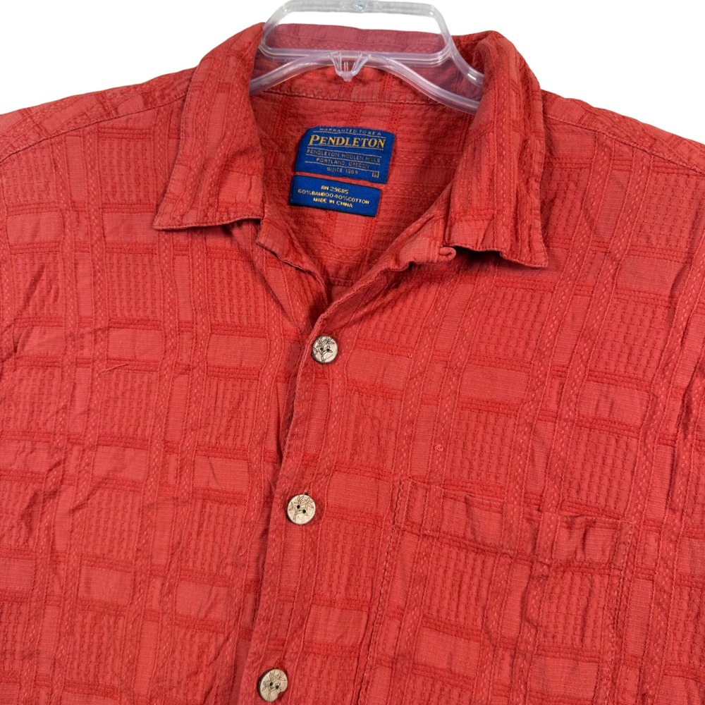 Pendleton Mens Large Red Bamboo Cotton Short Sleeve Textured Button Up Shirt